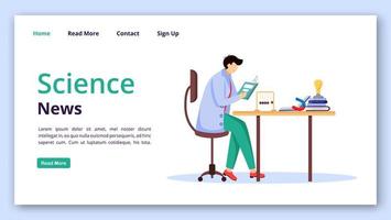 modello di vettore della pagina di destinazione delle notizie scientifiche. la lettura ricerca l'idea dell'interfaccia del sito Web con illustrazioni piatte. layout della homepage delle scoperte di fisica, banner web, concetto di fumetto della pagina web