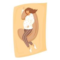donna incinta che dorme sull'illustrazione piana di vettore del cuscino di gravidanza. attesa del bambino. preparazione alla maternità. ragazza che si rilassa sul letto in tempo prenatale personaggio dei cartoni animati su sfondo bianco