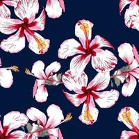 Modello senza cuciture estate tropicale con fiori di ibisco su sfondo blu scuro isolato.illustrazione vettoriale disegno a mano stile acquerello secco.per il design del tessuto.