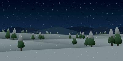 inverno montagne paesaggio con pini e colline a notte vettore illustrazione. allegro Natale e contento nuovo anno saluto carta modello.