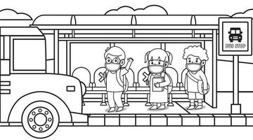 durante la pandemia del virus corona, i bambini dopo la scuola in attesa dell'autobus alla fermata dell'autobus. utilizzando maschere e protocolli sanitari. illustrazione del libro per bambini. vettore