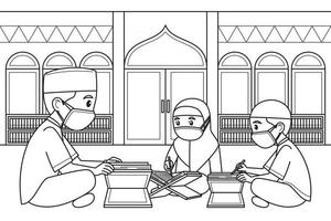 l'ustaz e i suoi studenti leggono il Corano nella moschea indossando abiti musulmani e maschera facciale. illustrazione. libro da colorare. vettore