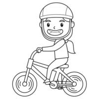 una ragazza che gioca sulla sua bicicletta. personaggio. sfondo bianco e nero. illustrazione del libro da colorare. vettore