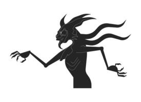 a piedi pauroso mostro con corna e tentacoli nero e bianca 2d linea cartone animato carattere. demone creatura con branchie isolato vettore schema personaggio. mitologico monocromatico piatto individuare illustrazione