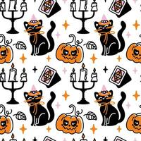 Magia gatto nel un' strega cappello. Halloween carattere. infantile Stampa. senza soluzione di continuità modello. vettore. vettore