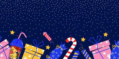Natale sfondo con i regali e neve su un' blu sfondo. vettore illustrazione di nuovo anno elementi nel piatto stile.