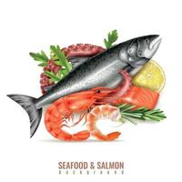 illustrazione realistica di vettore della composizione del salmone dei frutti di mare