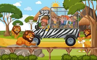 scena di safari con bambini in auto turistica che guardano un gruppo di leoni vettore
