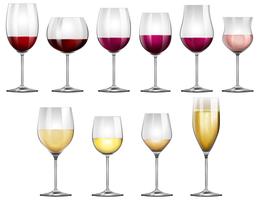 Bicchieri di vino pieni di vino rosso e bianco vettore