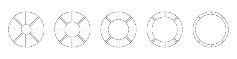 ruote il giro diviso nel dieci sezioni. schema ciambella grafici o torte segmentato su 8 pari parti. diagrammi Infografica impostare. cerchio sezione grafico linea arte. torta grafico icone. geometrico vettore elementi.