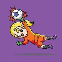 carino ragazza nel arancia maglia giocare calcio vettore illustrazione. donna portiere nel calcio incontro. portiere saltare. carino donna portiere vettore illustrazione.