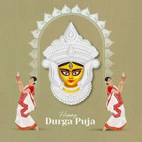 contento Durga puja creativo bandiera design con Durga viso illustrazione indiano Festival vettore