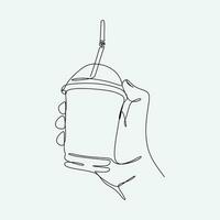 continuo linea disegno di un' mano Tenere bevanda nel plastica tazza. uno singolo linea. grafico design vettore illustrazione.