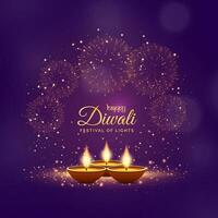 contento Diwali Festival sfondo con fuochi d'artificio e ardente olio lampade vettore