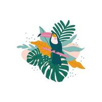 tucano con foglie tropicali, monstera, foglie di palma, ibisco, vettore