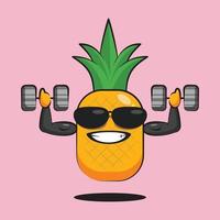 simpatico cartone animato di ananas che allena i muscoli del corpo con due bilancieri vettore