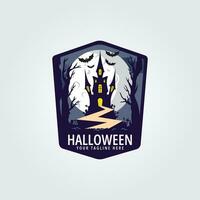 Halloween logo icona design ispirazione con pipistrello, albero, strada, Luna e castello vettore illustrazione