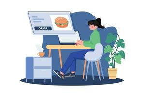 una donna con un laptop che ordina cibo online vettore