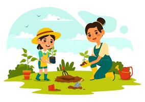 piantare impianti vettore illustrazione con persone godere giardinaggio, pianta, irrigazione o scavando nel il giardino nel piatto bambini cartone animato sfondo design