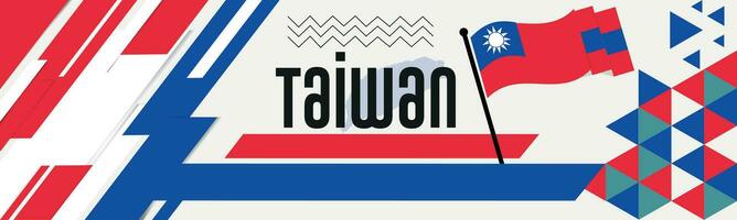 Taiwan nazionale giorno bandiera con carta geografica, bandiera colori tema sfondo e geometrico astratto retrò moderno rosso blu design. astratto moderno design. vettore