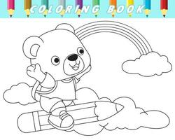 colorazione libro per bambini, carino orso volante su cielo con grande matita. vettore cartone animato illustrazione