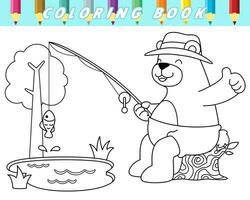 colorazione libro di divertente orso pesca. vettore cartone animato illustrazione