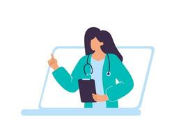 femmina personaggio medico in linea nel computer portatile, visitare medico utilizzando in linea tecnologia con paziente File, prescrivere farmaci. cartone animato persone piatto vettore illustrazione