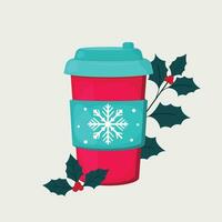 Natale caldo bevanda nel un' carta tazza con un' fiocco di neve su un' bianca sfondo e decorazione vettore