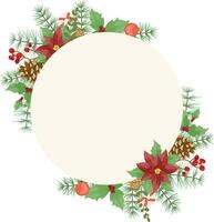 allegro Natale telaio con rosso poinsettia fiori, agrifoglio, foglie, frutti di bosco, pino, abete, verde ramoscelli su bianca sfondo. nuovo anno floreale composizione per saluto carte, design. vettore