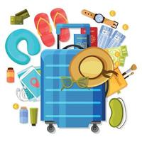 illustrazione vettoriale di composizione di articoli per il turismo in valigia