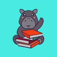 simpatico ippopotamo che legge un libro. concetto di cartone animato animale. vettore
