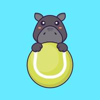 simpatico ippopotamo che gioca a tennis. concetto di cartone animato animale. vettore