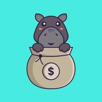 simpatico ippopotamo che gioca nella borsa dei soldi. concetto di cartone animato animale. vettore