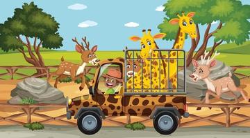 scena di safari con molti cervi e giraffe in un'auto a gabbia vettore