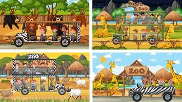 set di diversi animali in scene di safari con i bambini vettore