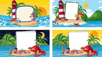 set di diverse scene di spiaggia tropicale con banner bianco vettore