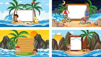 set di diverse scene di spiaggia tropicale con banner bianco vettore