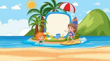 bambini in vacanza in spiaggia scena diurna con uno striscione vuoto vettore