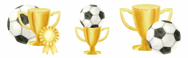 d'oro tazza con calcio sfera. calcio incontro. impostato di campione d'oro trofei. premio tazza per vincitore, primo posto, vittoria. attributi di gli sport gare. acquerello illustrazione. isolato. vettore