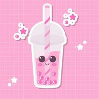 vettore illustrazione bolla tè con rosa tapioca palle con carino occhi e guance con stelle intorno a. raffreddamento estate bevanda asiatico cucina.