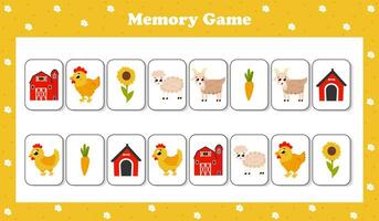 memoria gioco con azienda agricola a tema carte nel cartone animato stile con animali, verdure e agriturismo, stampabile foglio di lavoro vettore