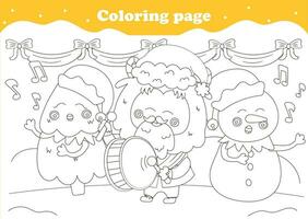 carino colorazione pagina con kawaii Natale personaggi cantando canti natalizi e giocando tamburo vettore