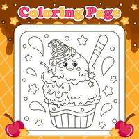 estate dolci a tema colorazione pagina per bambini con kawaii animale personaggio pulcino sagomato ghiaccio crema con crema vettore