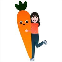 carino poco ragazza Abbracciare una persona gigante carota, verdura charater avendo divertimento con ragazzo, salutare biologico cibo per bambini vettore
