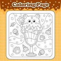 estate dolci a tema colorazione pagina per bambini con kawaii animale personaggio tigre sagomato ghiaccio crema con cioccolato vettore