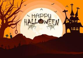 contento Halloween sfondo illustrazione con grande pieno Luna e collina paesaggio con spaventoso stregato Casa vettore