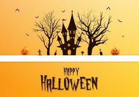 contento Halloween decorato sfondo illustrazione con frequentato castello morto alberi lapide e Halloween testo vettore