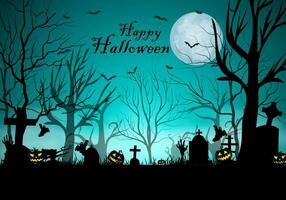 Halloween sfondo con grande raggiante Luna palla su notte cielo e pipistrelli volante nel il foresta di morto alberi vettore