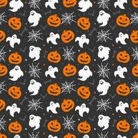 contento Halloween modello con fantasmi ossatura pipistrelli zucche e ragnatele isolato su buio sfondo vettore