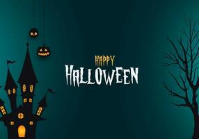 contento Halloween notte sfondo con raccapricciante Halloween albero e frequentato Casa e Halloween testo vettore